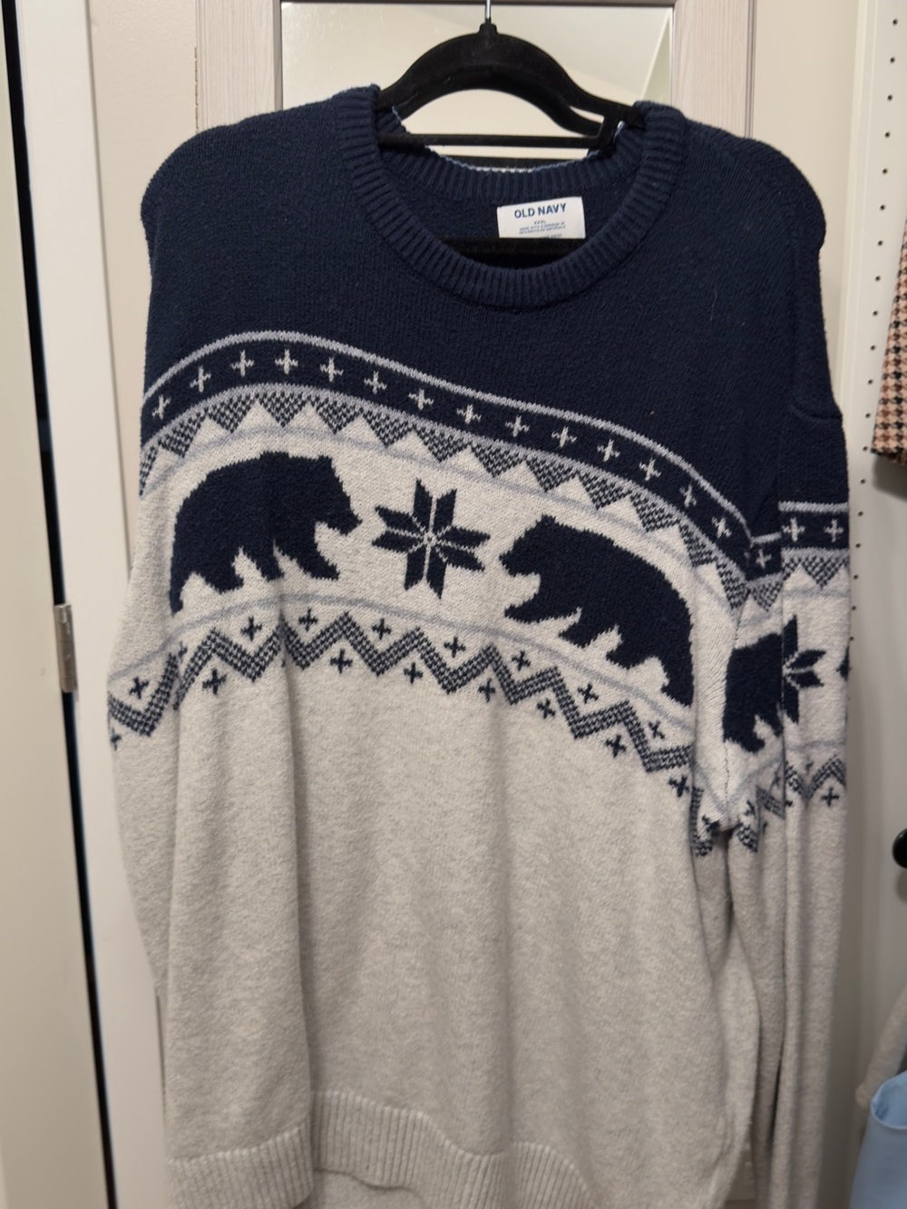 Old Navy Navy and Cream Bear Fair Isle Crewneck Sweater